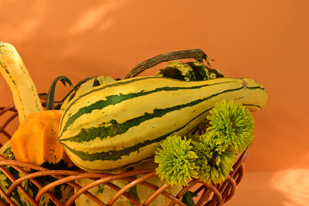 Yellow and green pumpkins in a wicker basket on an orange backgroundの写真素材