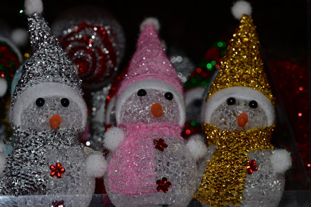 Christmas and New Year decoration. Snowman and Christmas tree toys.の写真素材