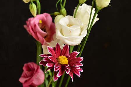 Beautiful bouquet of flowers on a black background, close upの写真素材
