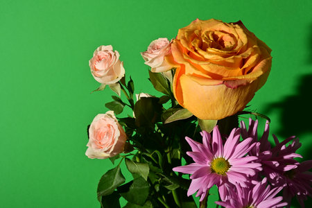 Beautiful bouquet of flowers on a green background. Studio photography.の写真素材
