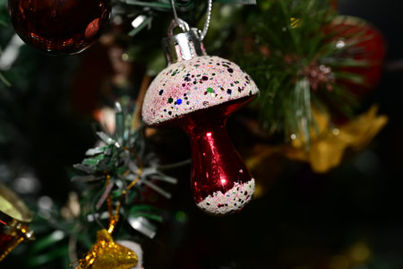 Christmas decoration on the christmas tree, close-up, selective focusの写真素材