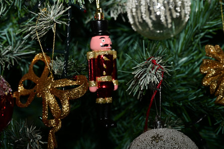 Christmas ornaments and decorations on the Christmas tree. Selective focus.の写真素材