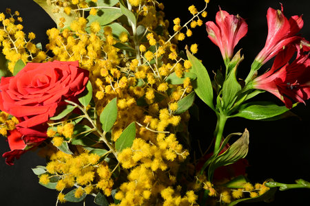 Bouquet of red roses and yellow mimosa flowers on black backgroundの写真素材