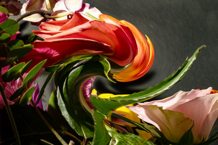 colorful bouquet of flowers on a black background, close upの写真素材