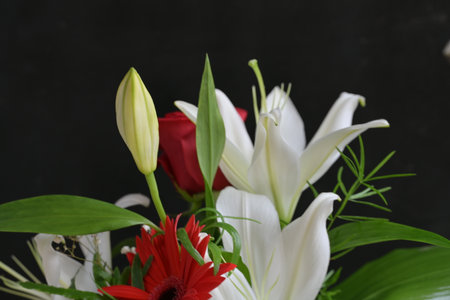 bouquet of white and red lilies on a black backgroundの写真素材