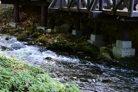 Small waterfall in the forest, near the old wooden bridge over the riverの写真素材
