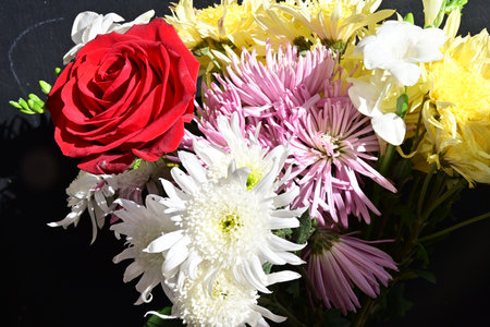 beautiful bouquet of flowers on a black background, close upの写真素材