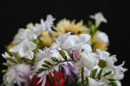Bouquet of flowers on a black background. Studio photography.の写真素材