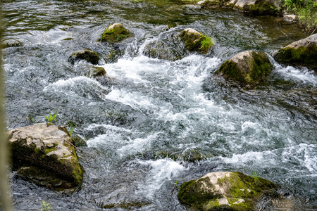 Streaming water in a small river with rocks and moss in summer