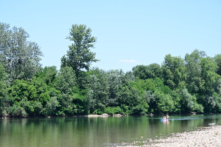 River landscape with trees and blue sky on a sunny summer day.の写真素材