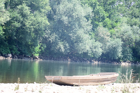 Boat on the bank of the river in the forest. Summer landscape.の写真素材