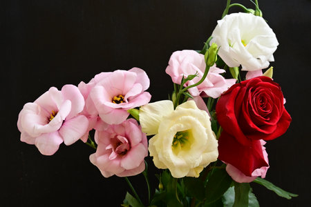 Bouquet of pink and white flowers on black background