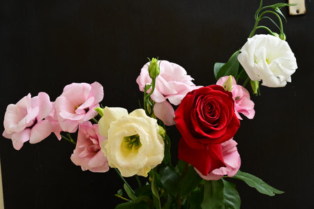 Bouquet of pink and white roses on a black background.