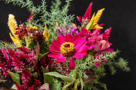 Bouquet of red and yellow flowers on a black background.の写真素材