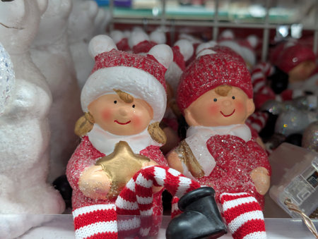 Santa Claus and Snowman in Christmas market, closeup of photoの写真素材
