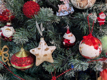 Decorated christmas tree, closeup of christmas ornamentsの写真素材