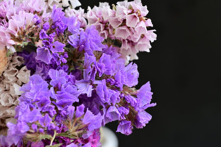 Bouquet of purple statice flowers in a vase on black background