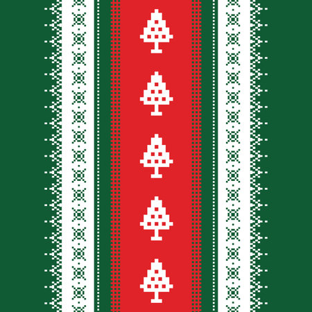 Red and green vector pixels seamless pattern with sign "Merry Christmas"のイラスト素材