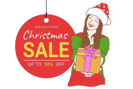 Merry Christmas sale promotion poster banner with character model and red tag sale off on white background.のイラスト素材