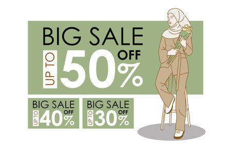 Banner announcing mega discount with half price reduction. Fashion advertisement. Promotion poster template super sale. Vector illustration character cartoon.のイラスト素材