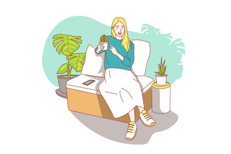 Young Asian woman cares for indoor plant plants with care. Monstera and Cantus lovers at home. Eco living and lifestyle concept, plant care. vector illustration flat cartoonのイラスト素材