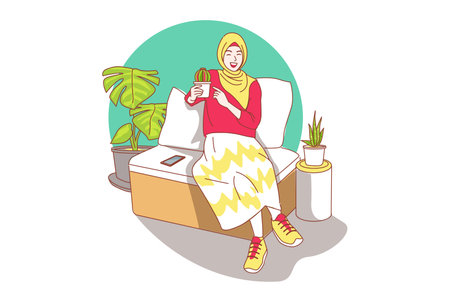 Cute muslim girl wearing hijab enjoying planting and caring for plants Flat line vector illustration.のイラスト素材