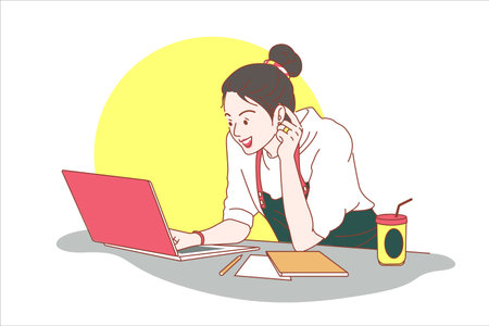 starting a small business SME business owner, entrepreneur. Using laptop or notebook to take and check online orders, SME online business concept. cartoon vector illustration.のイラスト素材