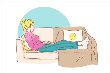 starting a small business SME business owner, entrepreneur. Using laptop or notebook to take and check online orders, SME online business concept. cartoon vector illustration.のイラスト素材