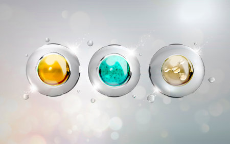 Liquid bubble Collagen Serum on Molecule Background, cosmetic oil liquid advertising 3d rendering.