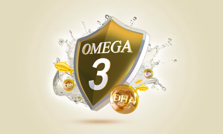 A dynamic 3D rendering of a large, golden, teardrop-shaped liquid drop symbolizing premium fish oil, with the number '3' prominently displayed.の写真素材