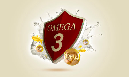 A dynamic 3D rendering of a large, golden, teardrop-shaped liquid drop symbolizing premium fish oil, with the number '3' prominently displayed.の写真素材