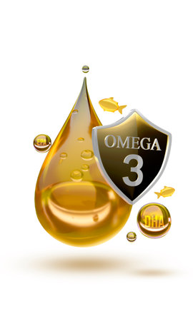 A dynamic 3D rendering of a large, golden, teardrop-shaped liquid drop symbolizing premium fish oil, with the number '3' prominently displayed to represent Omega-3.の写真素材