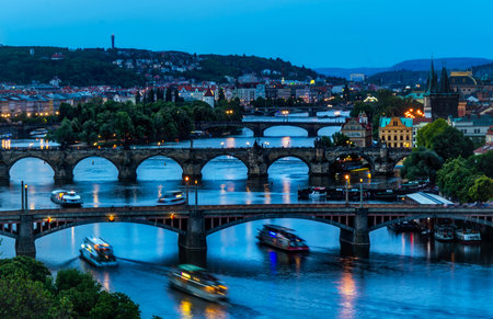 Prague, Czech Republic. Charles Bridge over Vltava river at night.の写真素材