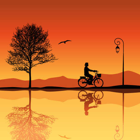 Landscape with Tree and Bicycle Silhouettesのイラスト素材