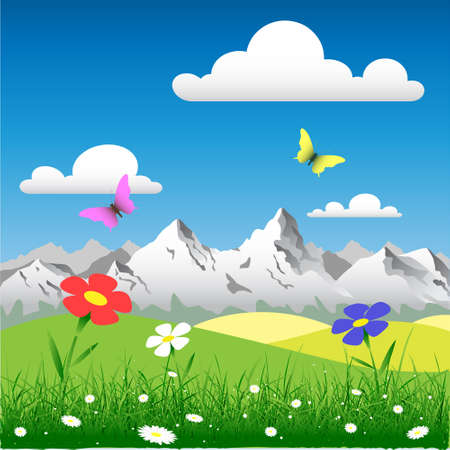 Country Landscape with Flowers and Mountainsのイラスト素材