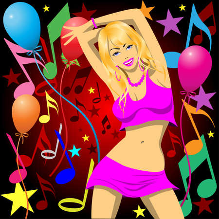 A Girl Dancing with Balloons and Music Notesのイラスト素材