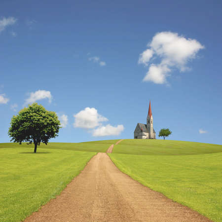 Church on a Hill with Roadの写真素材