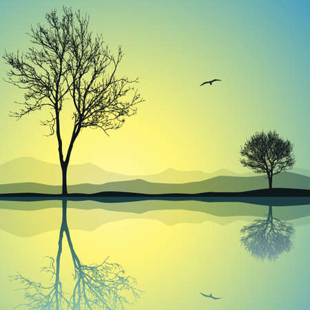 A Vector Landscape with Two Trees and Reflection in Waterのイラスト素材