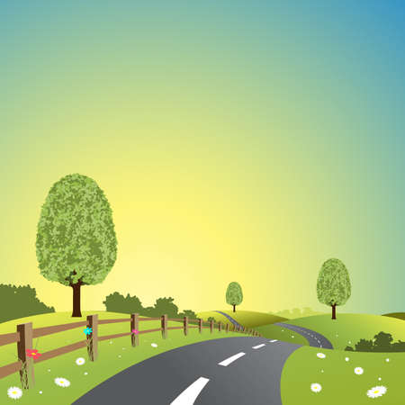 A Country Landscape with Road and Treesのイラスト素材
