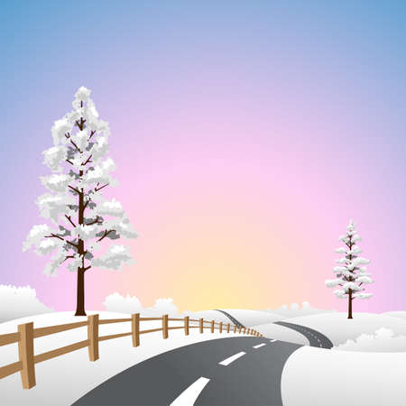 A Snow Landscape with Road and Treesのイラスト素材