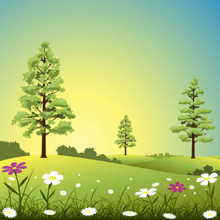 A Country Landscape with Trees and Flowersのイラスト素材
