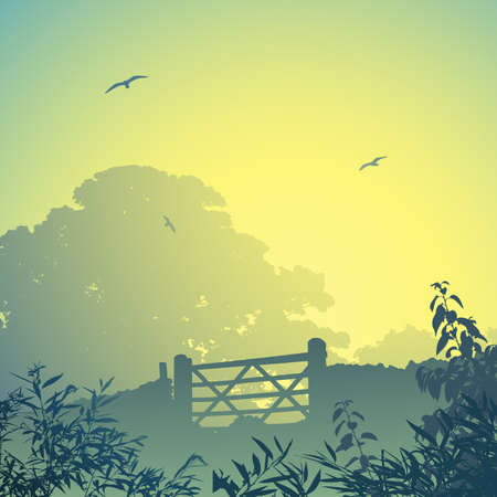 A Country Landscape with Gate and Wallのイラスト素材