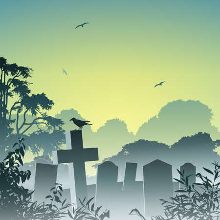 A Misty Graveyard, Cemetery with Tombstones and Crow のイラスト素材