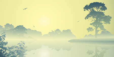 A Misty River Landscape with Sunrise, Sunsetのイラスト素材
