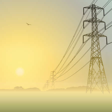 Electrical Power Lines and Pylons with Misty Sunrise, Sunsetのイラスト素材