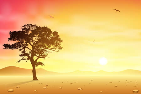 A Desert Landscape with Tree and Birdsのイラスト素材
