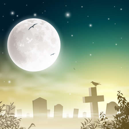 A Misty Graveyard, Cemetery with Tombstones and Moonのイラスト素材
