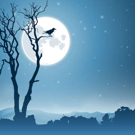 A Country Landscape with Moon and Night Skyのイラスト素材