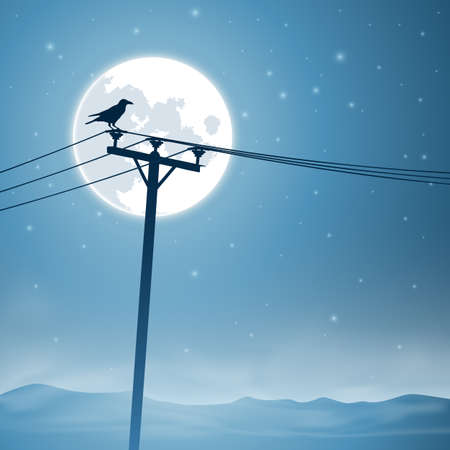 A Bird on Telephone Lines with Moon and Starsのイラスト素材