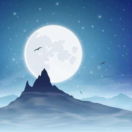 A Mountain with Moon and Night Skyのイラスト素材